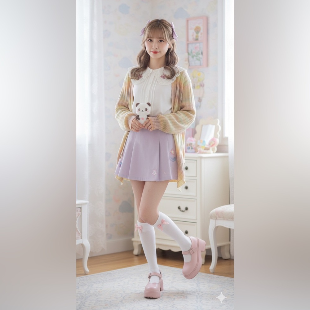 M.& KYOKO Knit Long Circle Cardigan Kawaii Pastel Sweater Rainbow Knit Open‎ 2